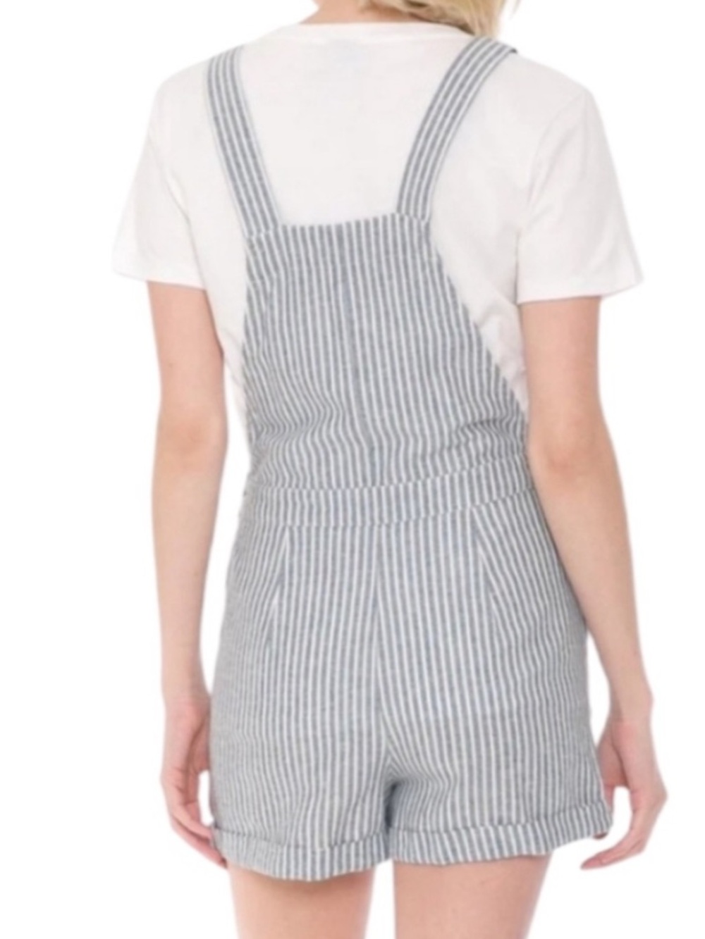 Cali 1850 Los Angeles Blue & White Striped Linen Blend Overall Shorts Romper Med - Picture 3 of 10